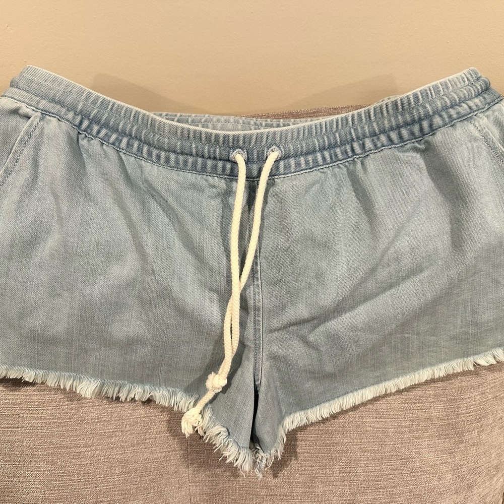 Aerie Blue Jean Shorts with Frayed Hem and Elastic Waistband